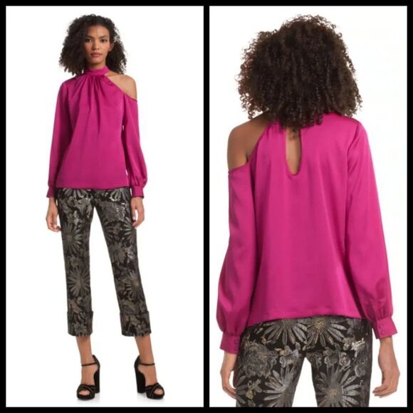 💕TRINA TURK💕 Negroni Top Magenta XS NWT Blouse Satin Georgette One-Shoulder - Picture 3 of 12